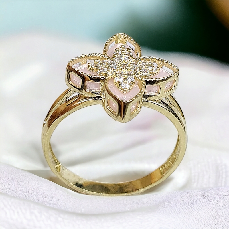 Zlatý prsteň benátsky kvet  s ružovou perleťou a zirkónmi