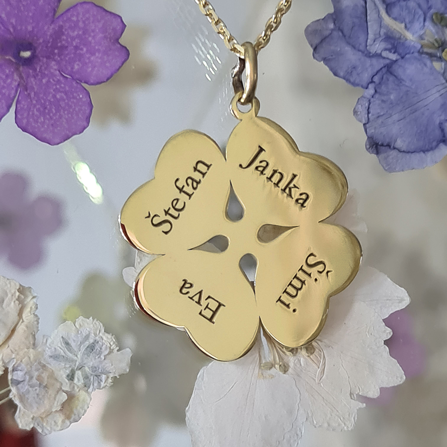 Zlatý prívesok ŠTVORLÍSTOK s gravírovanými MENAMI - 14k zlato