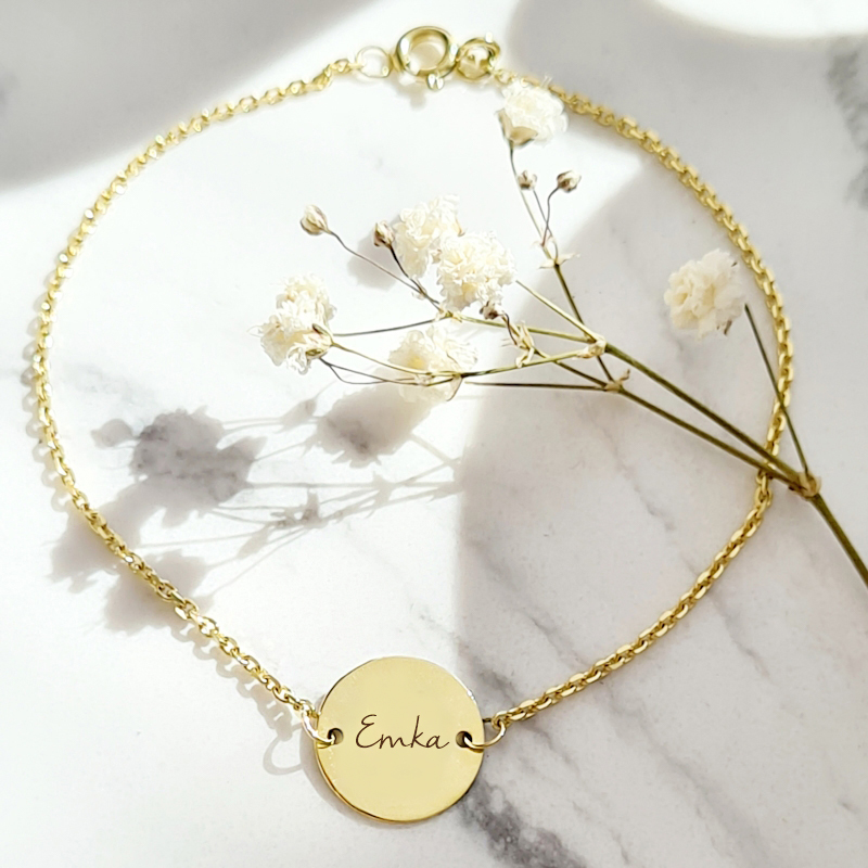 Zlatý náramok KRUH S gravírovaným MENOM, INICIÁLOU -14k zlato