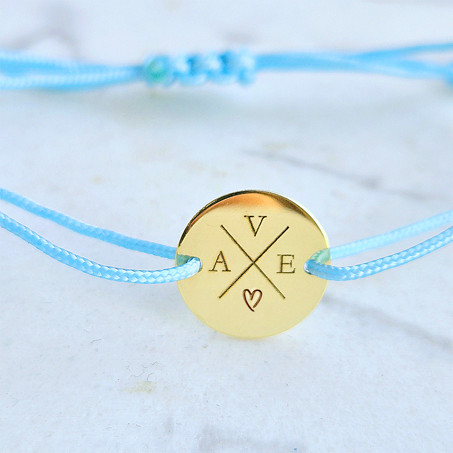 Zlatý náramok KRUH na šnúrke s INICIÁLAMI RODINY -14k zlato