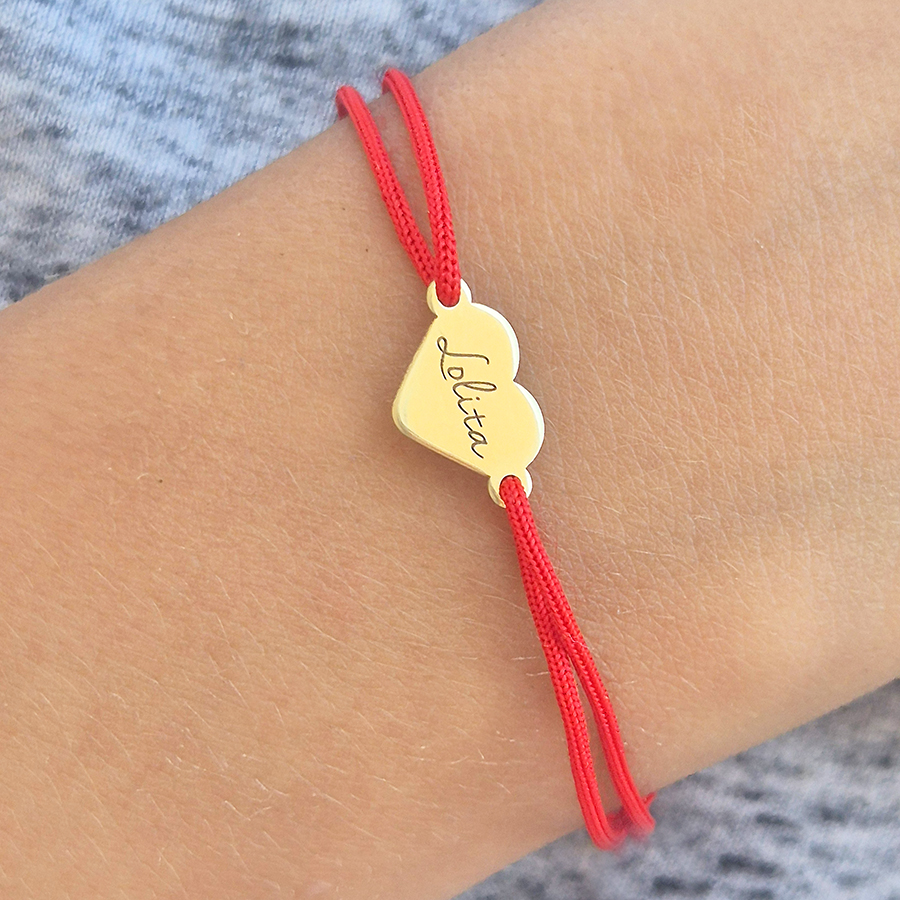 DETSKÝ zlatý náramok OBLÉ SRDIEČKO na šnúrke s MENOM - 14k zlato